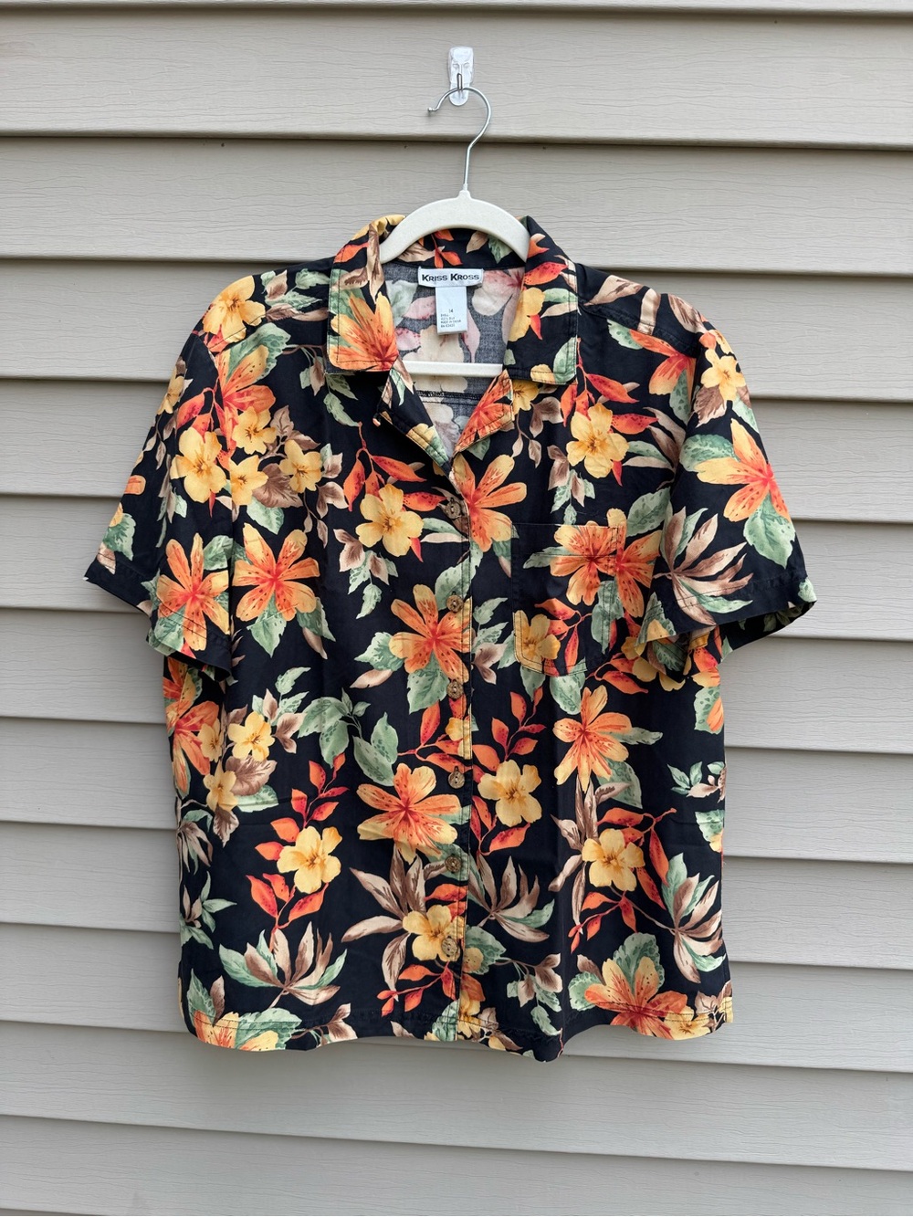 Kriss Kross Vintage 100% Silk Tropical Floral Hawaiian Shirt 14